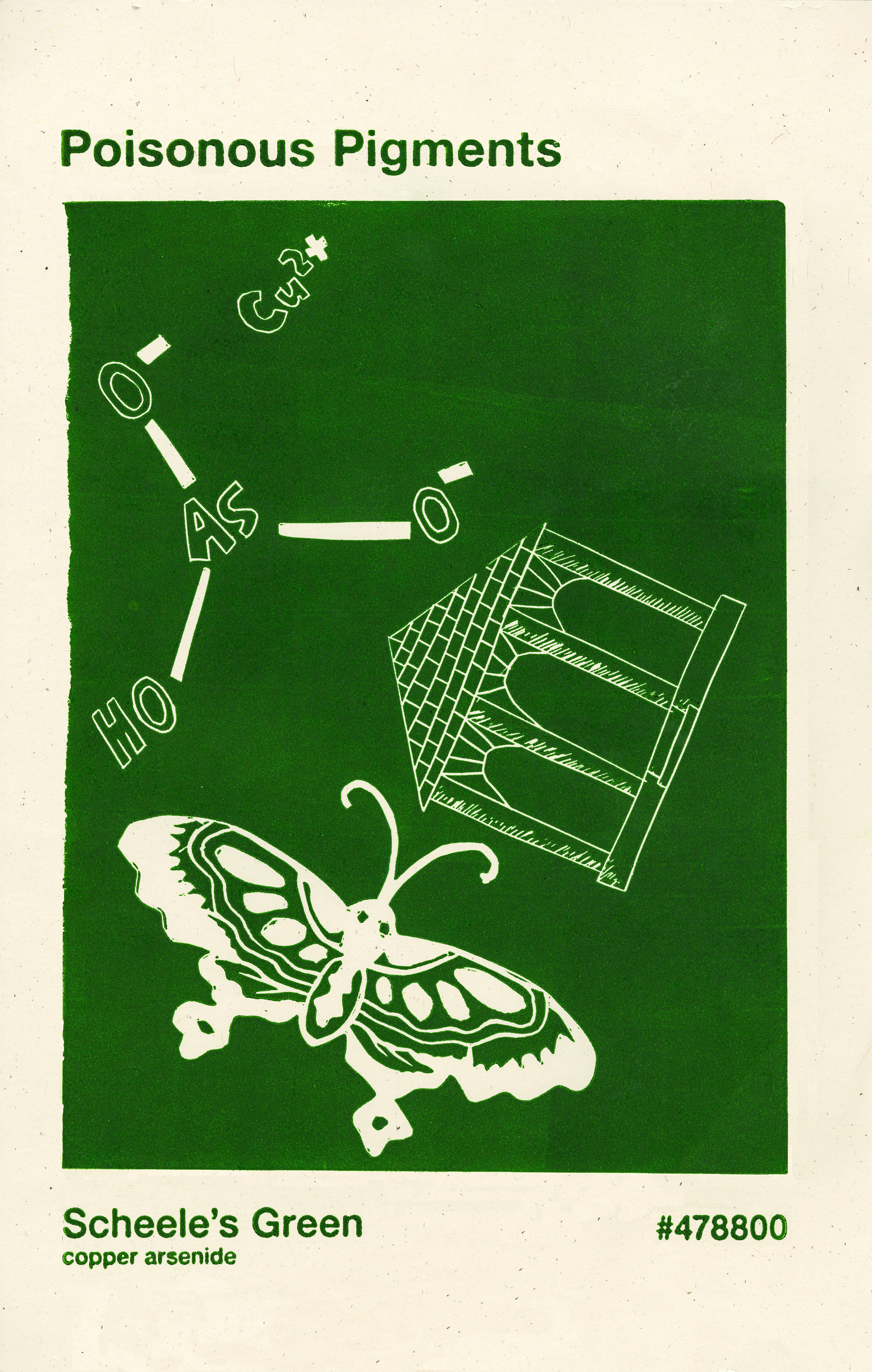 Scheele’s Green is a pigment that was commonly used in the late 1700s to the early 1800s. The pigment was found to be responsible for the death of Napoleon Bonaparte. He was staying at the Longwood House in St. Helena at the time of his death. The wallpaper lining the room he was in, was dyed with the infamous Scheele’s Green pigment, containing deadly amounts of arsenic. The moth in the linoleum carving is representative of what I think the moths on the wallpaper would have looked like at the time of his death. The house, is Longwood House. The chemical formula is representative of the chemical compound for Scheele’s Green. 