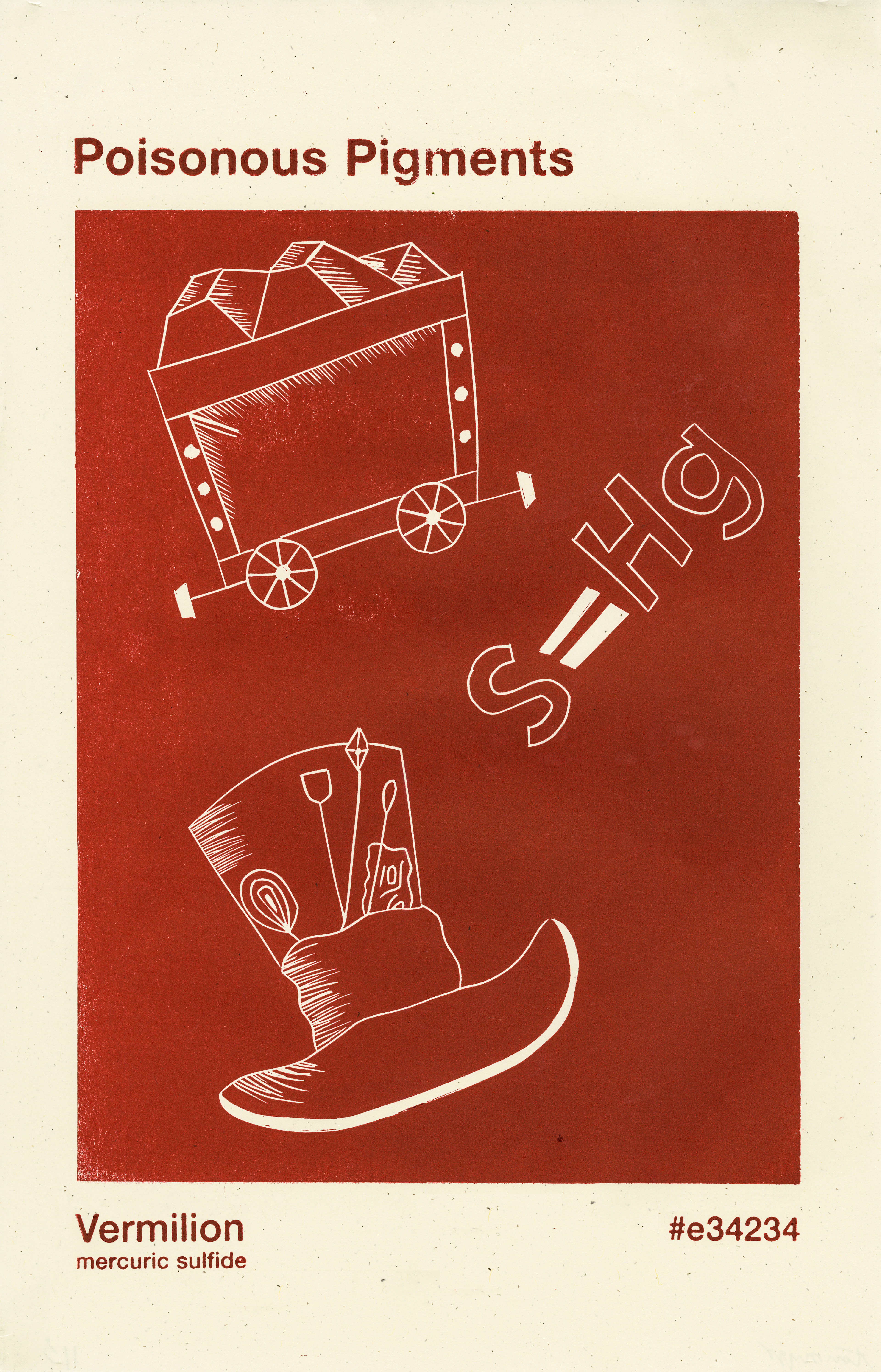 Vermilion is a pigment that was widely used in many cultures from Peru to Asia. Alchemists were obsessed with creating gold—which they believed to be red rather than yellow. This is represented by the mine cart in the linoleum carving. Vermilion, when handled directly, causes side effects similar to Mad Hatter’s Disease due to the High Mercury content in the pigment, so I illustrated and carved his hat. Lastly, the chemical formula is representative of the chemical compound of Vermilion. 