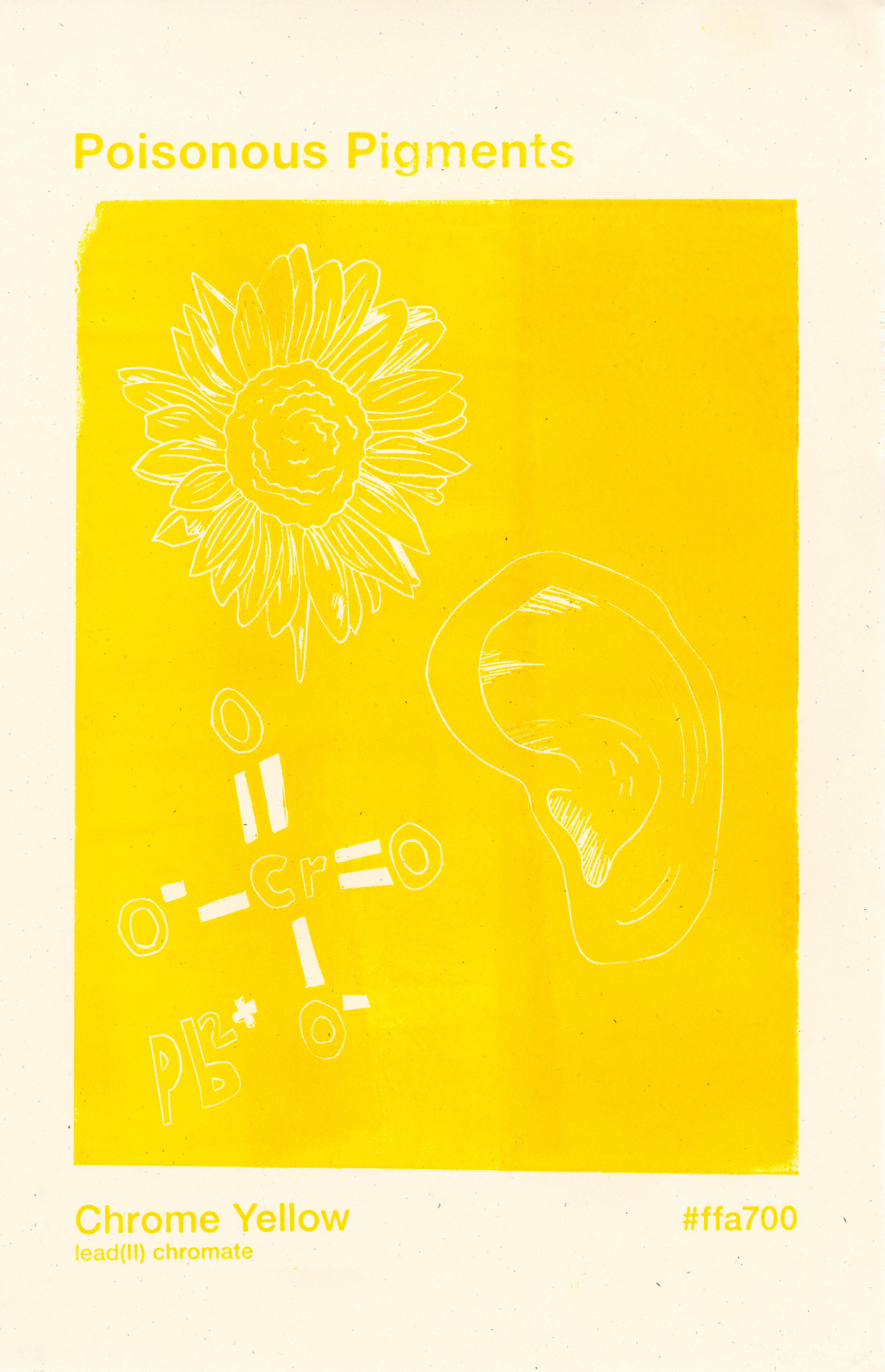 Chrome yellow was heavily favored by Van Gogh during his sunflower period, but like most things besides wine, it tended to age terribly. It browns with exposure to light. The pigment can lead to lead poisoning when one is exposed for extended periods of time. The sunflowers in the linoleum carving are representative of Van Gogh’s sunflower period. The ear is also representative of Van Gogh. The last element is the chemical formula representative of the chemical compound for Chrome Yellow. 