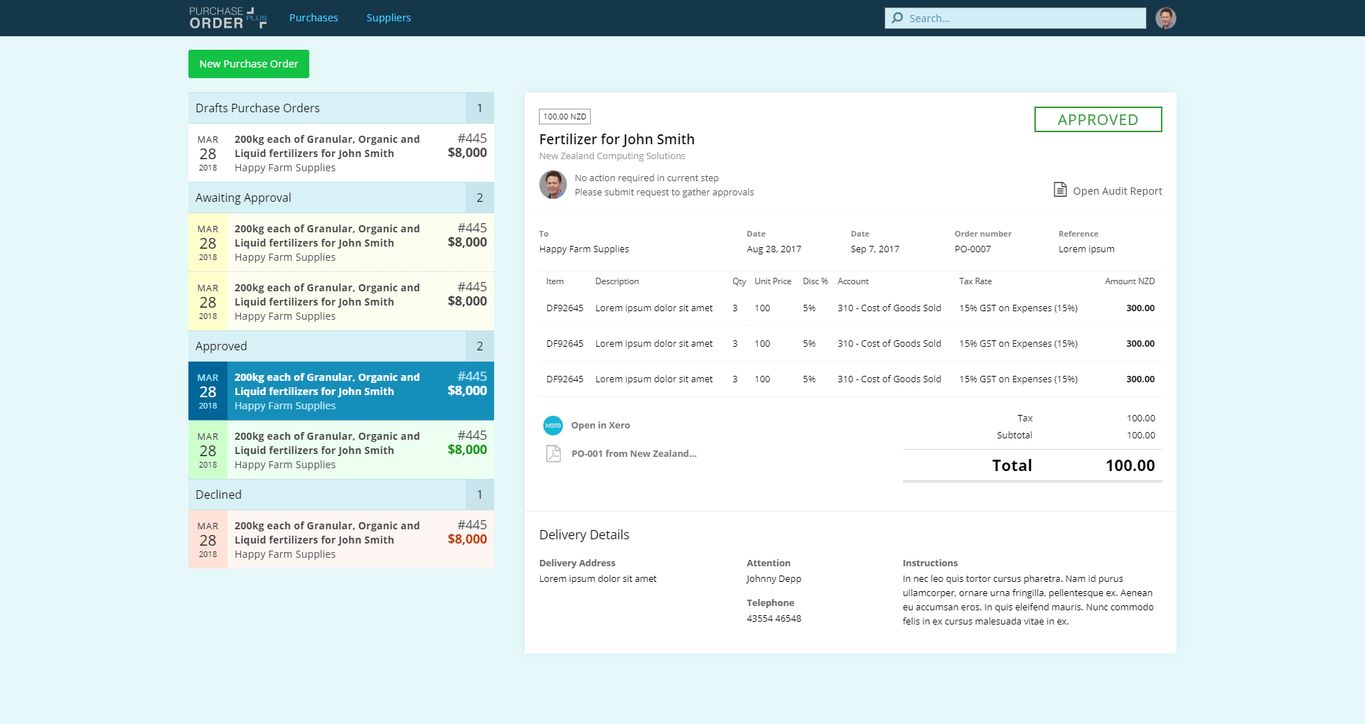Dashboard with selected purchase order