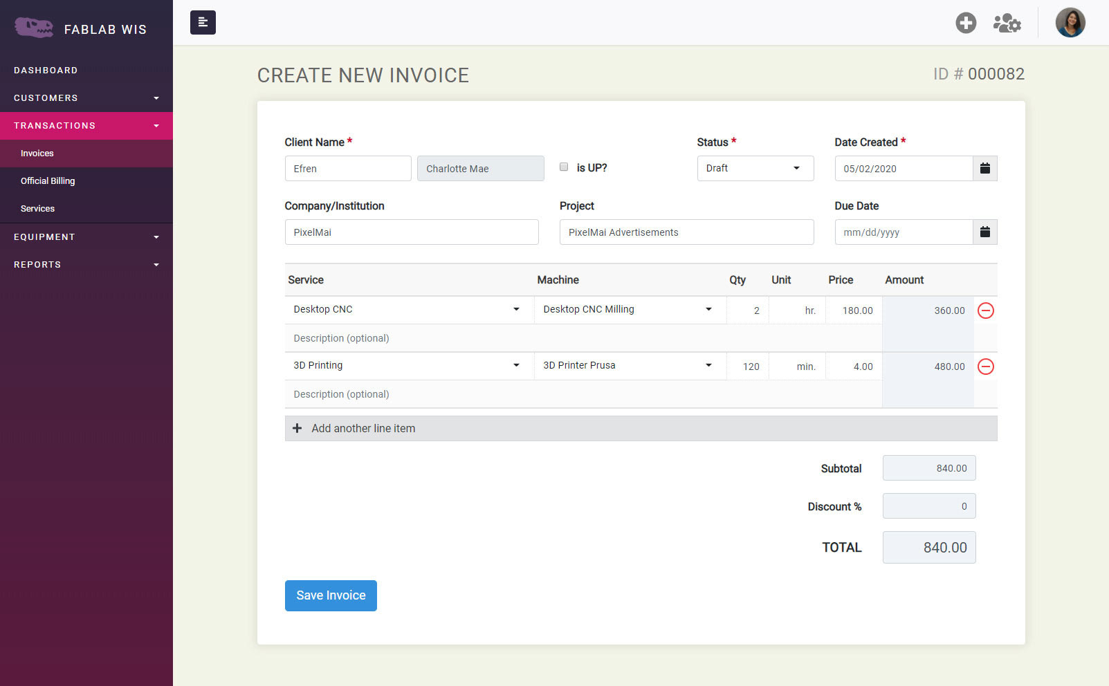 Create Invoice Page
