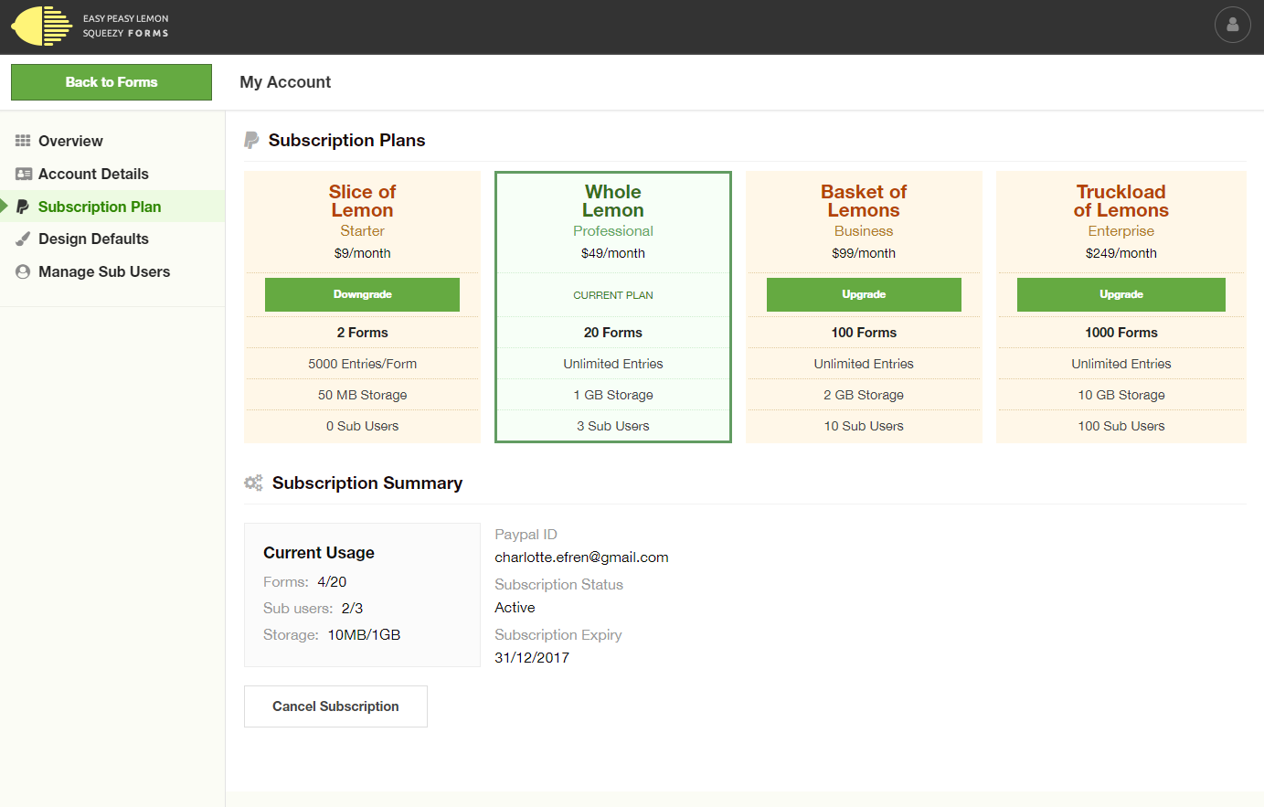 Settings - Subscription Plans