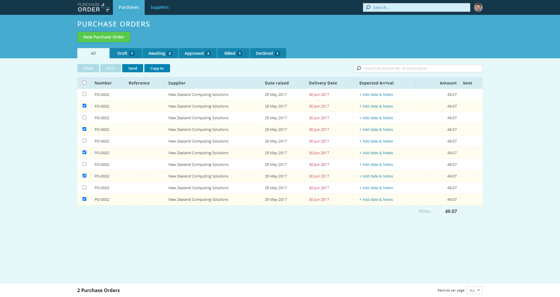 Purchase Orders List Page