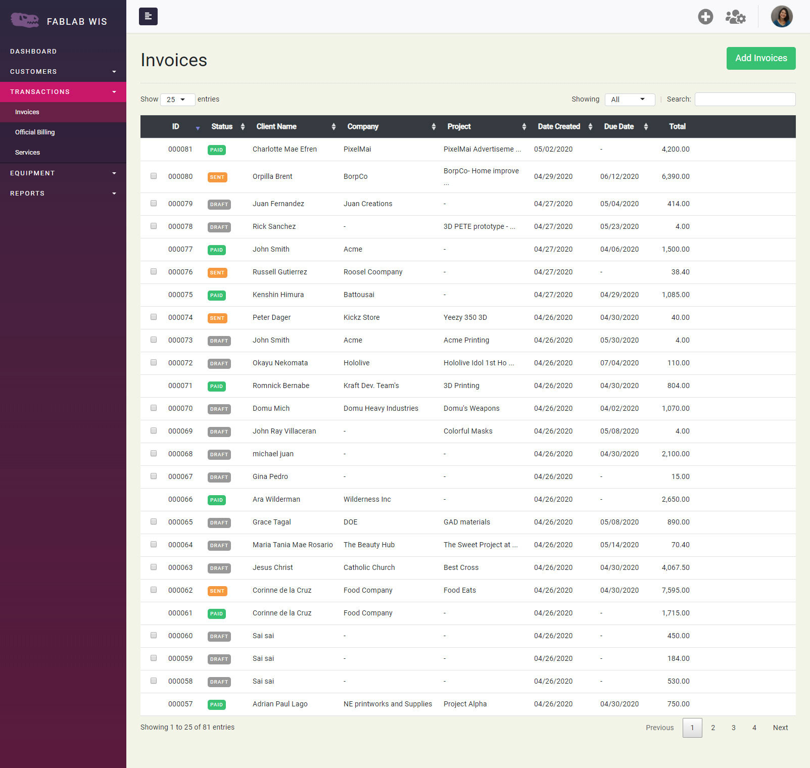 Invoice List Page