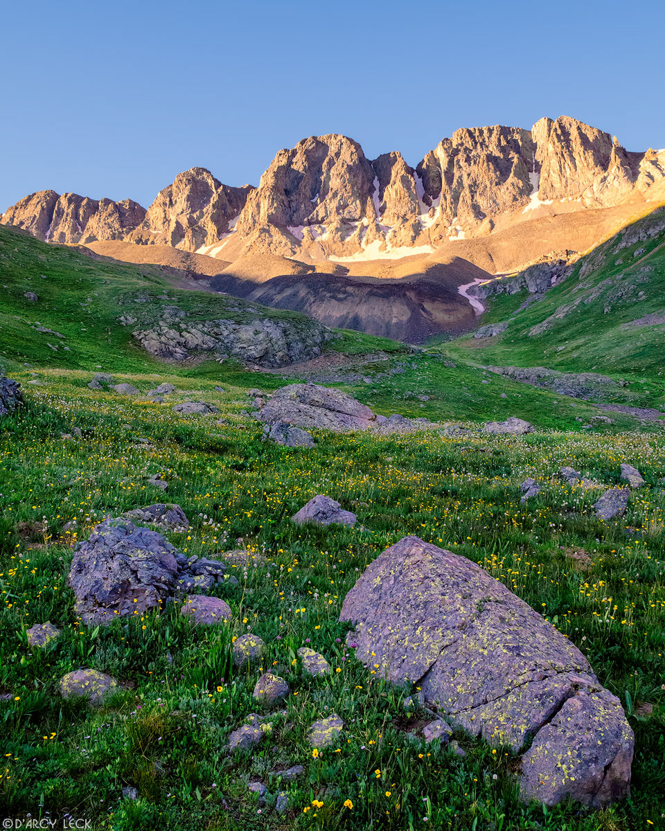 Rocks and wildflowers in American Basin below rocky cliffs of Jones Mountain, Colorado
