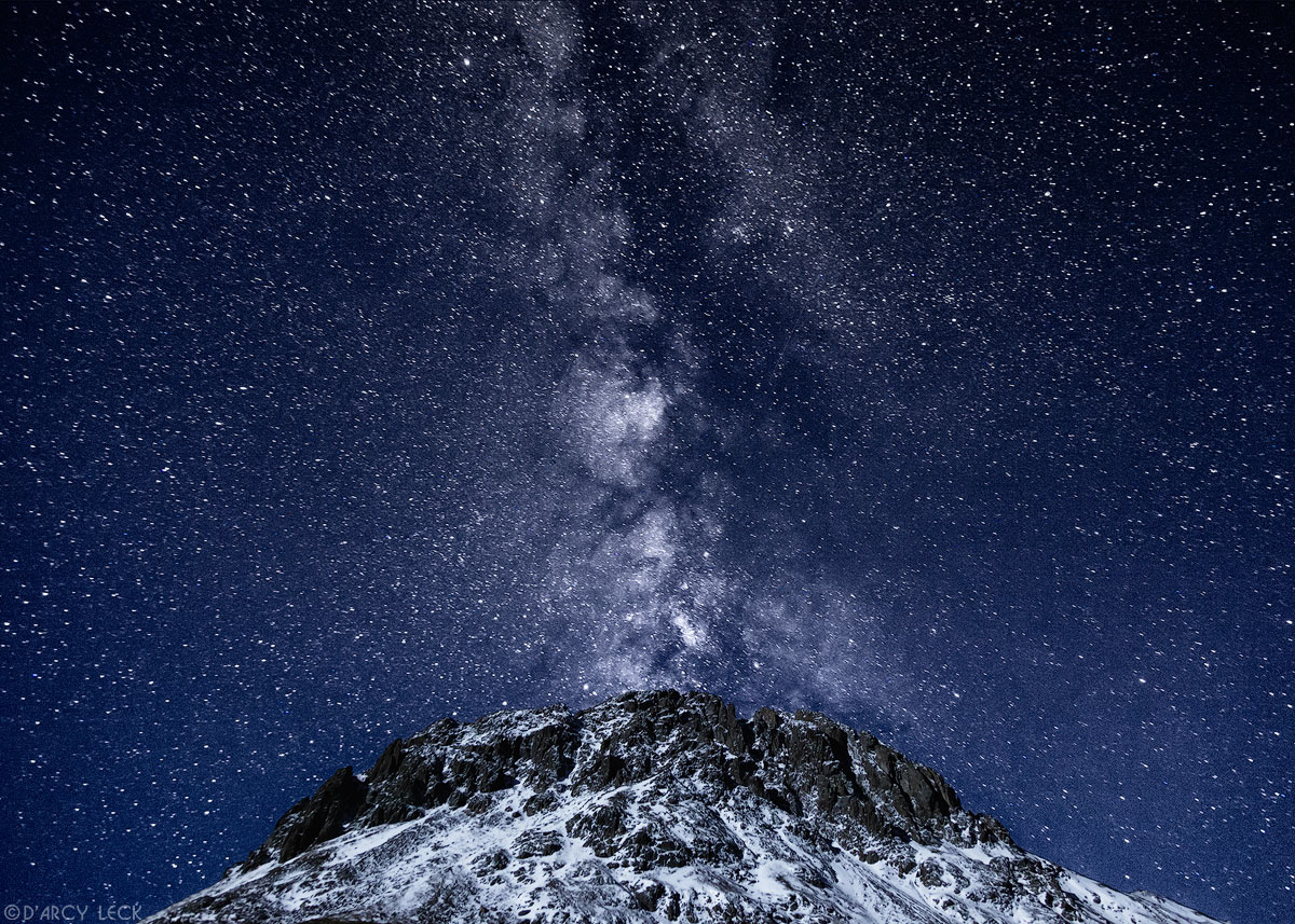 Stars and Milky Way Galaxy above moonlit Stony Mountain in Yankee Boy Basin in the San Juan Mountains, Colorado