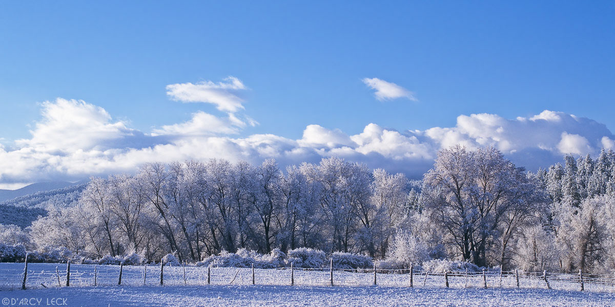 Clearing clouds over the Sangre de Cristo Mountains and fresh snowfall at sunrise in El Valle, New Mexico, USA