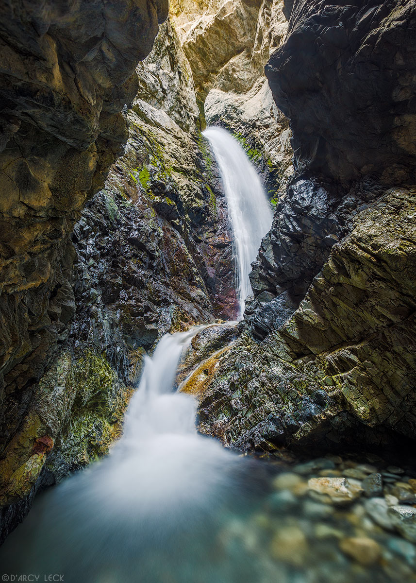 Zapata Falls tumbles in a narrow canyon along South Zapata Creek in the Sangre de Cristo Mountains, Colorado