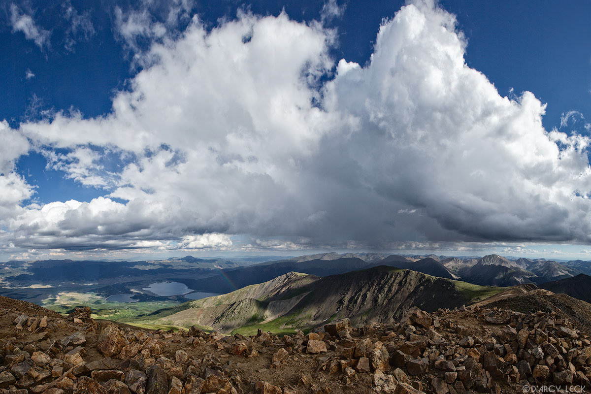Rocky summit of Mount Elbert looking South into the Sawatch Range mountains. Colorado