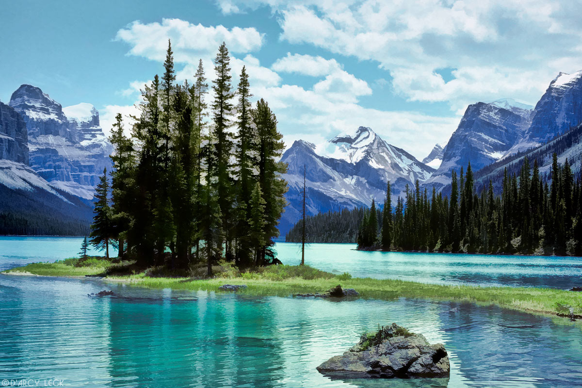 Spirit Island in Maligne Lake with mountains of the Elizabeth Ranges, Jasper National Park, Canada