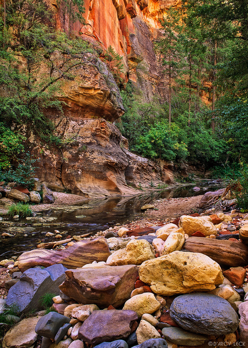 West Fork Oak Creek flows past canyon wall and rocks in Coconino National Forest, Arizona