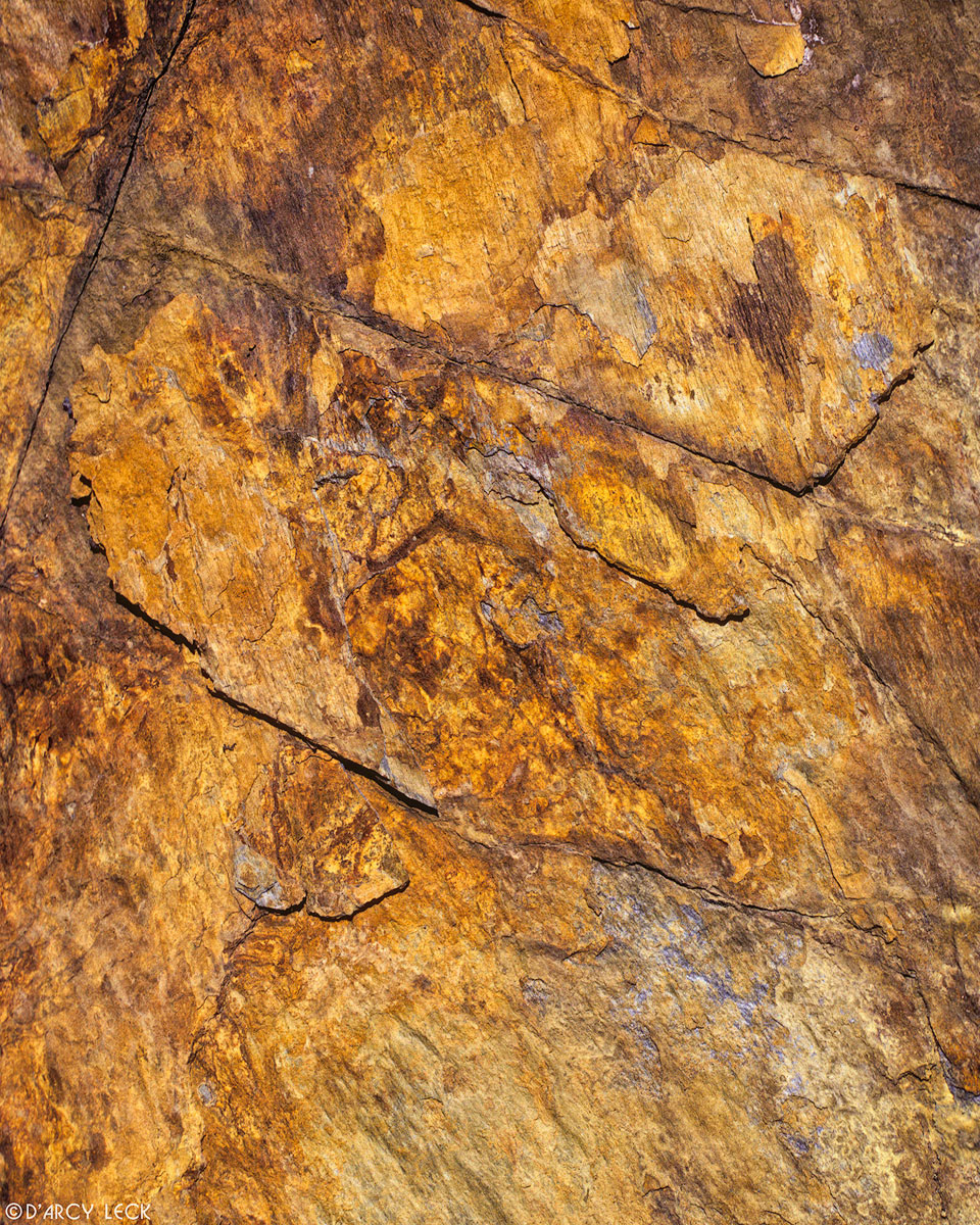Scaling glacier scraped gold and rust colored shale rock, Great Smokey Mountains National Park