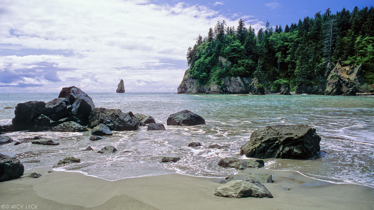 Surf washes around rocks on beach along coast at Taylor Point, Washington