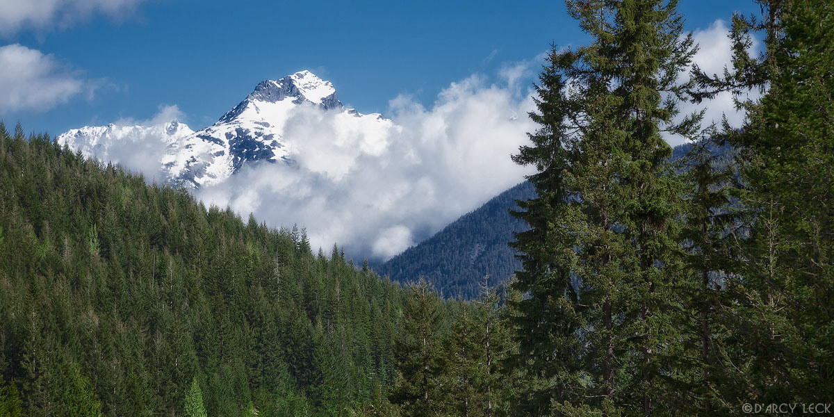 Snow-capped mountain peak in the Cascade Range rises above clouds and forest, Washington