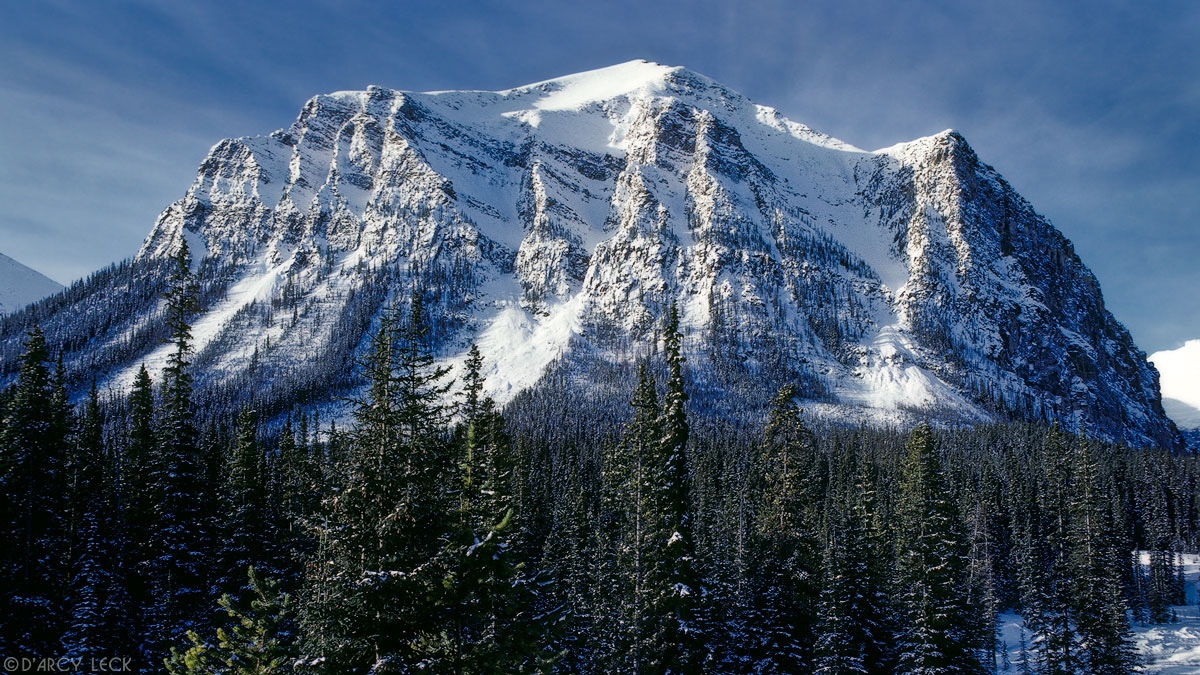 Mount Fairview rises above forest in winter, Banff National Park, Alberta, Canada