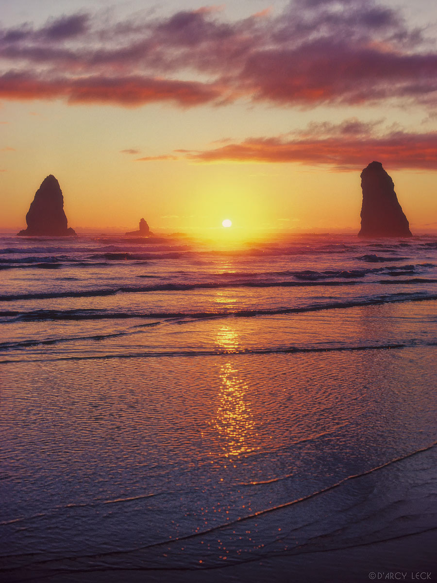 Surf rolls up beach past silhouetted sea stacks at sunset on Canon Beach, Washington