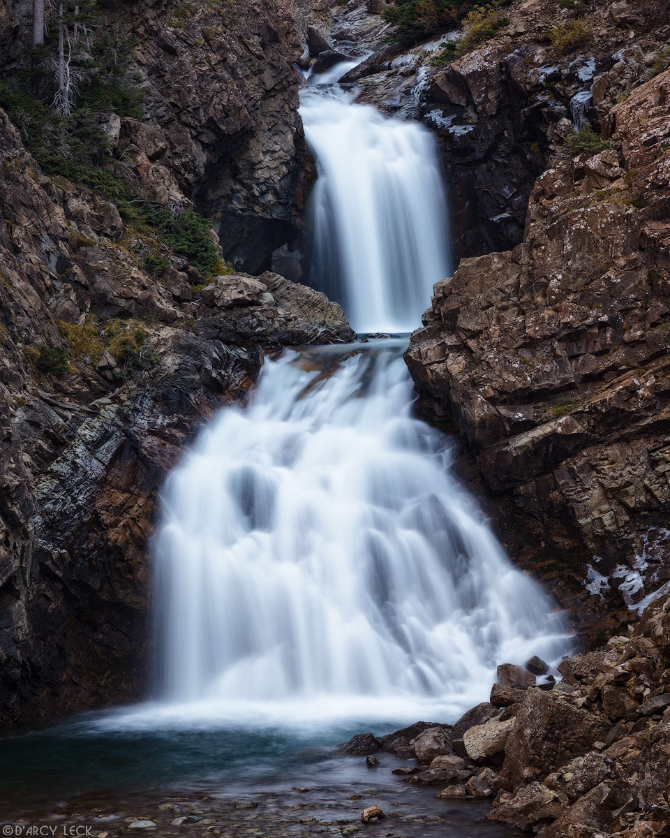Twin waterfalls on South Fork of Crystal River in Devil's Punchbowl of Crystal River Canyon below Schofield Pass, Colorado