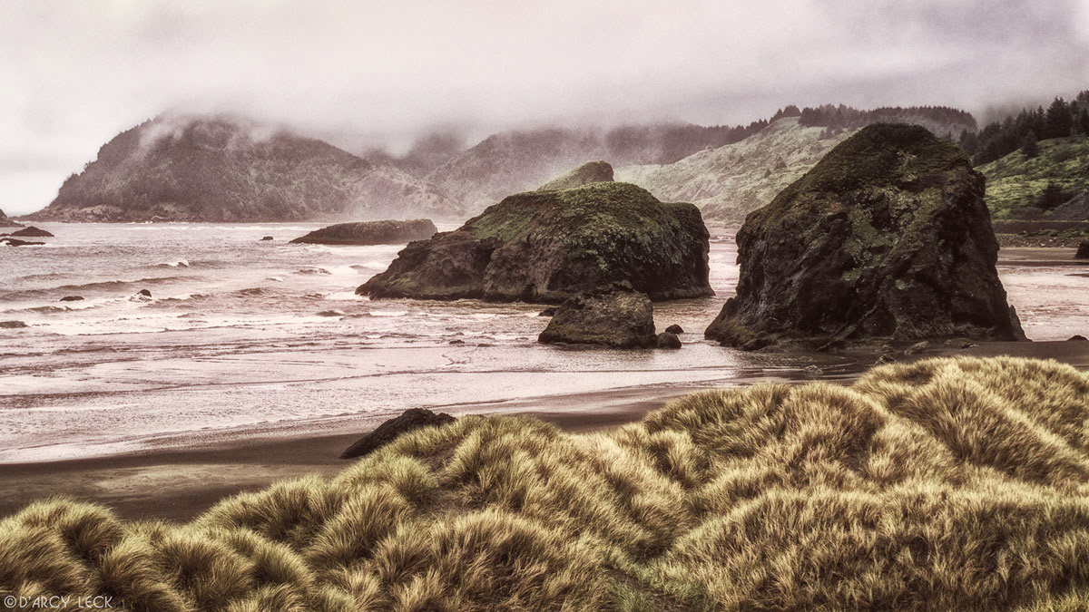 Sea stacks along coastal beach and beach grass at Meyers Creek Beach River Park along the Oregon coast