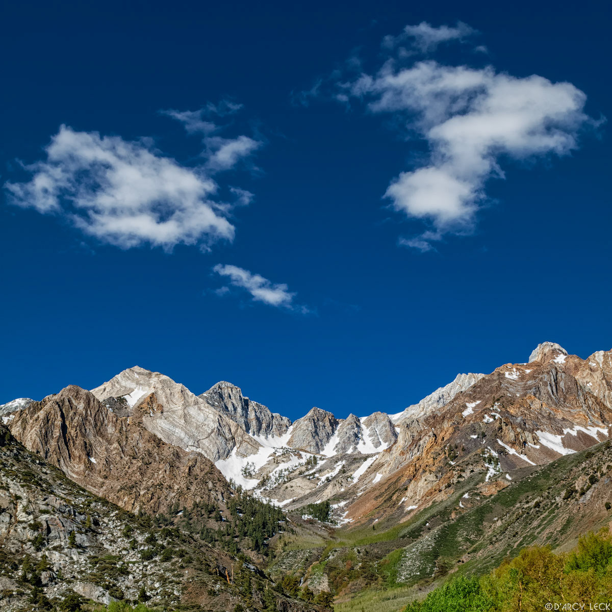 Late Spring foliage greens McGee Creek Canyon with Mount Aggie and Mount Baldwin rising in distance, California