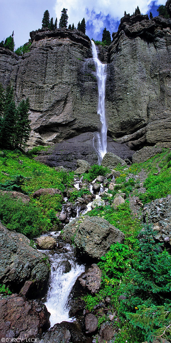 Fourmile Falls plummets down cliff face in the Weminuche Wilderness of the San Juan Mountains,Colorado, USA