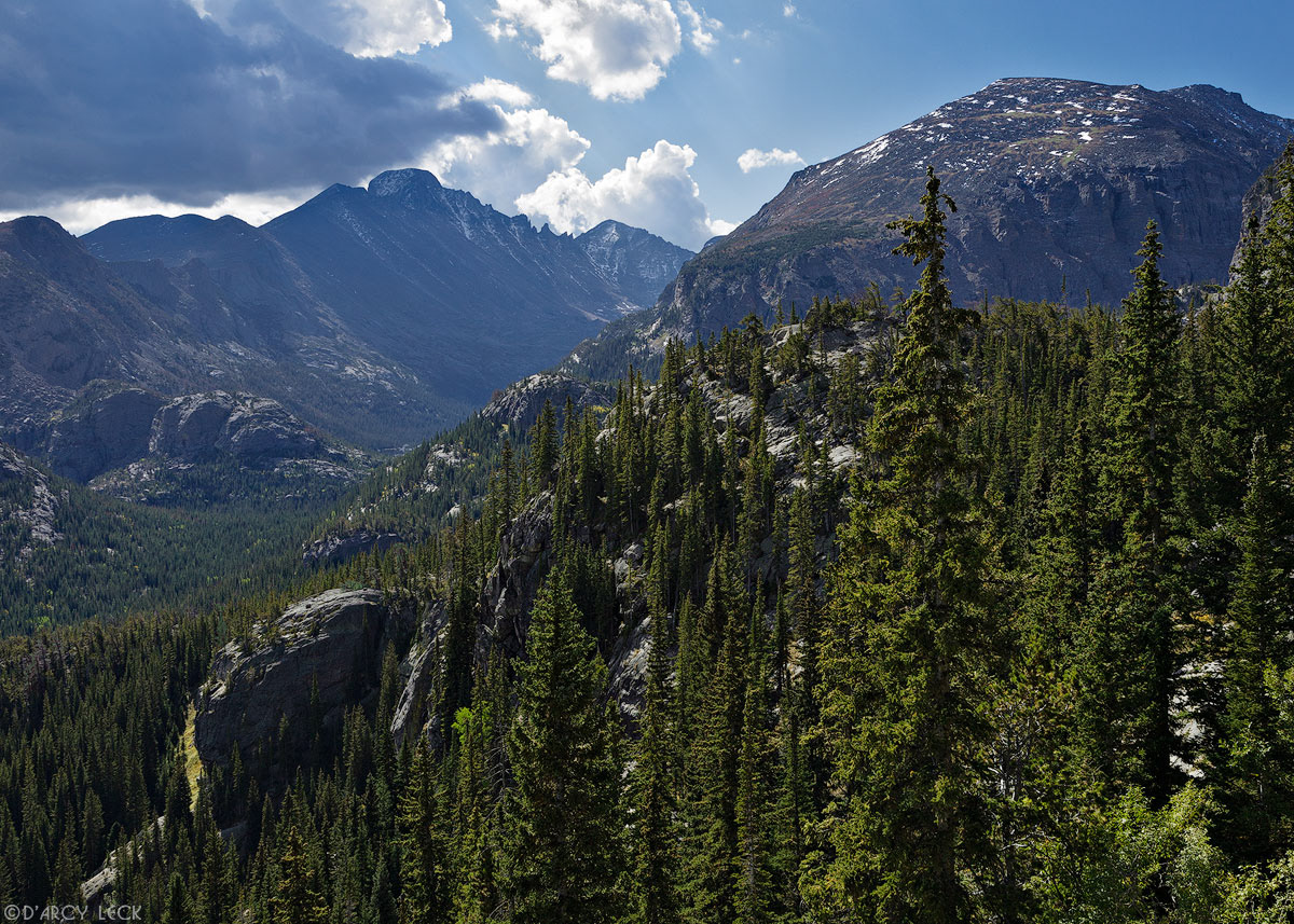 Longs Peak and Thatchtop Mountain rise above forest of pine trees, Colorado
