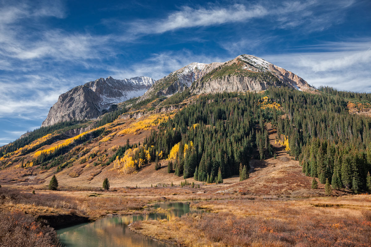 East River flows through marsh below Gothic Mountain n Autumn, Colorado