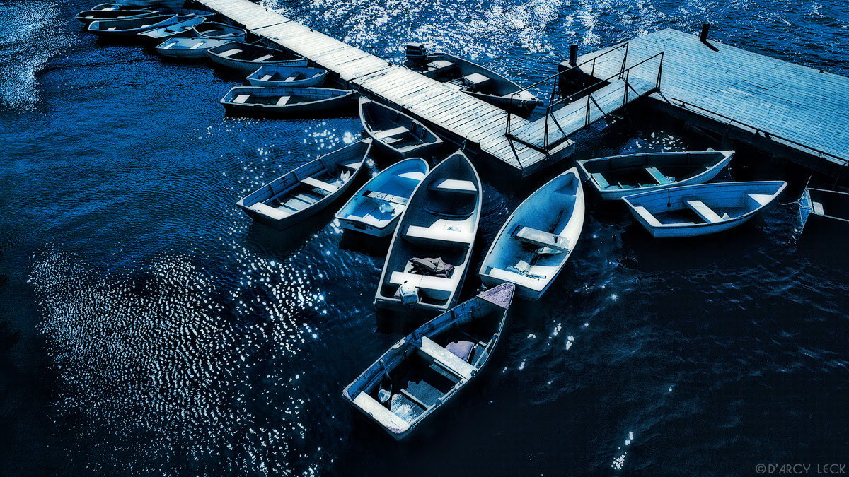 Fishing boats and row boats tied up to floating dock, Bar Harbor, Maine