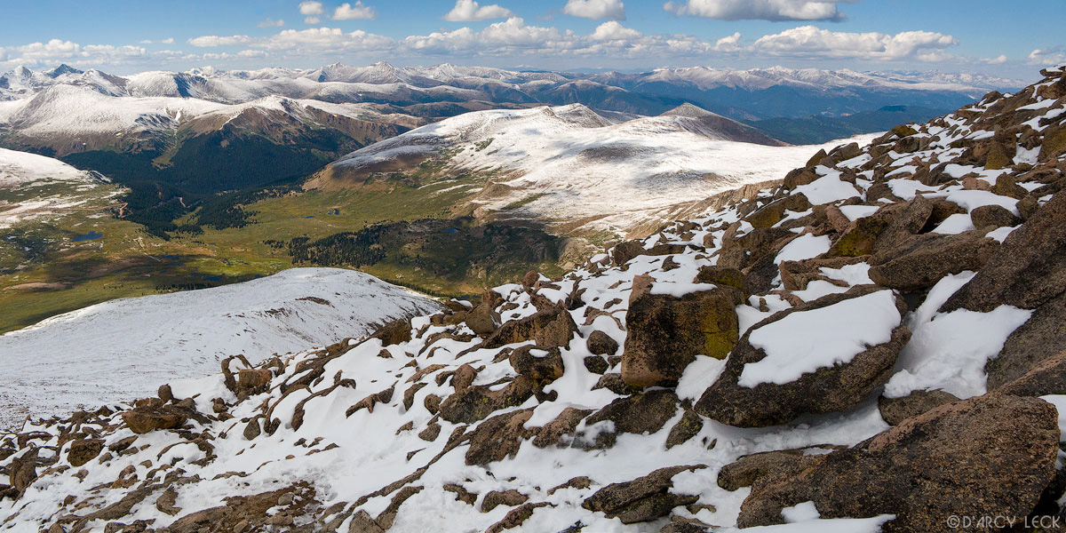 Guanella Pass and Front Range Mountains looking northwest from summit of Mount Bierstadt, Colorado