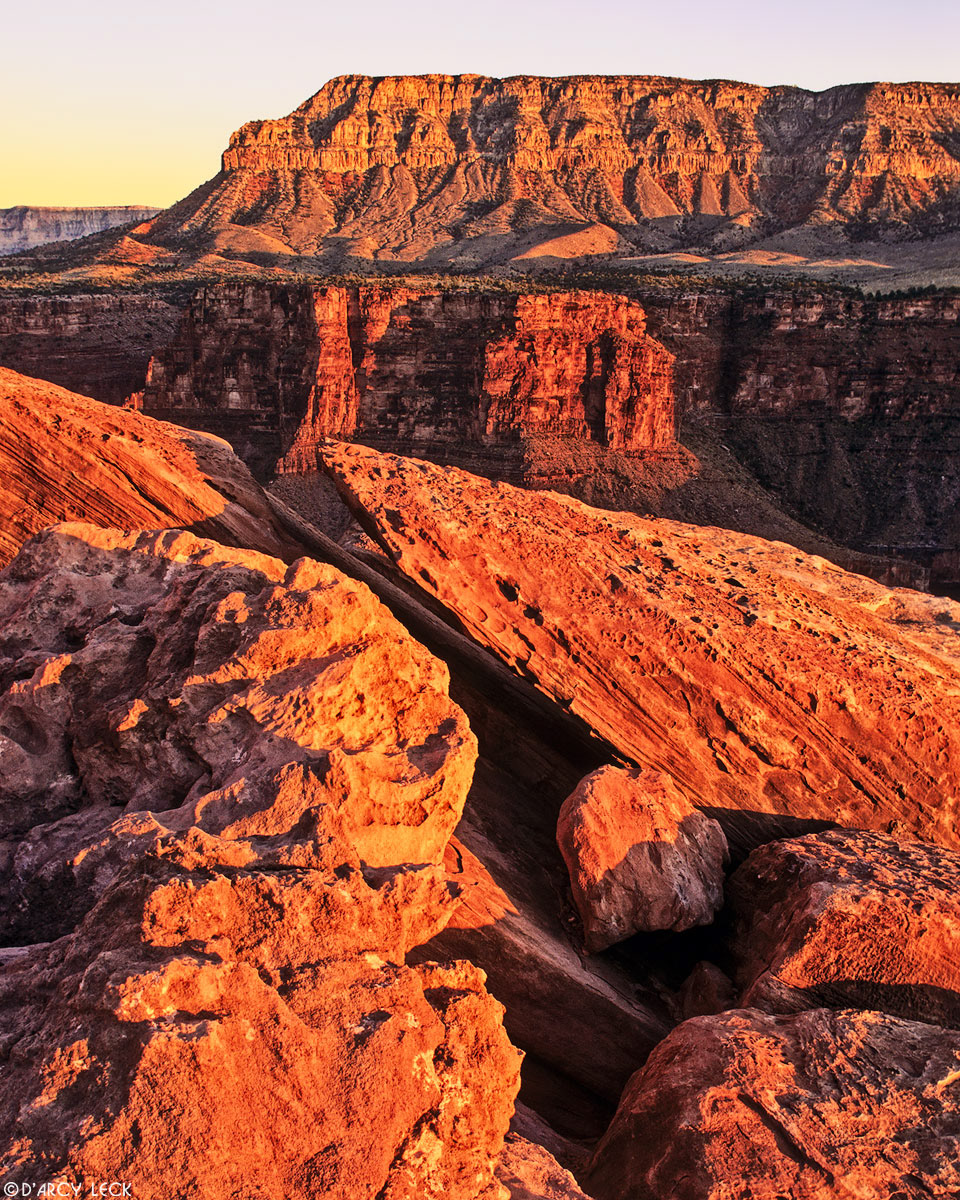 Eroded sandstone rock of canyon walls at sunset, Toroweap Overlook, Grand Canyon National Park, Arizona