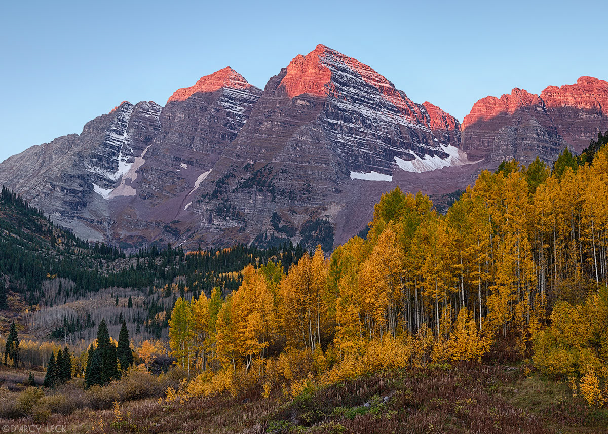 Morning sunlight illuminates the peaks of the Maroon Bells with aspen trees in autumn colors in the foreground, Colorado