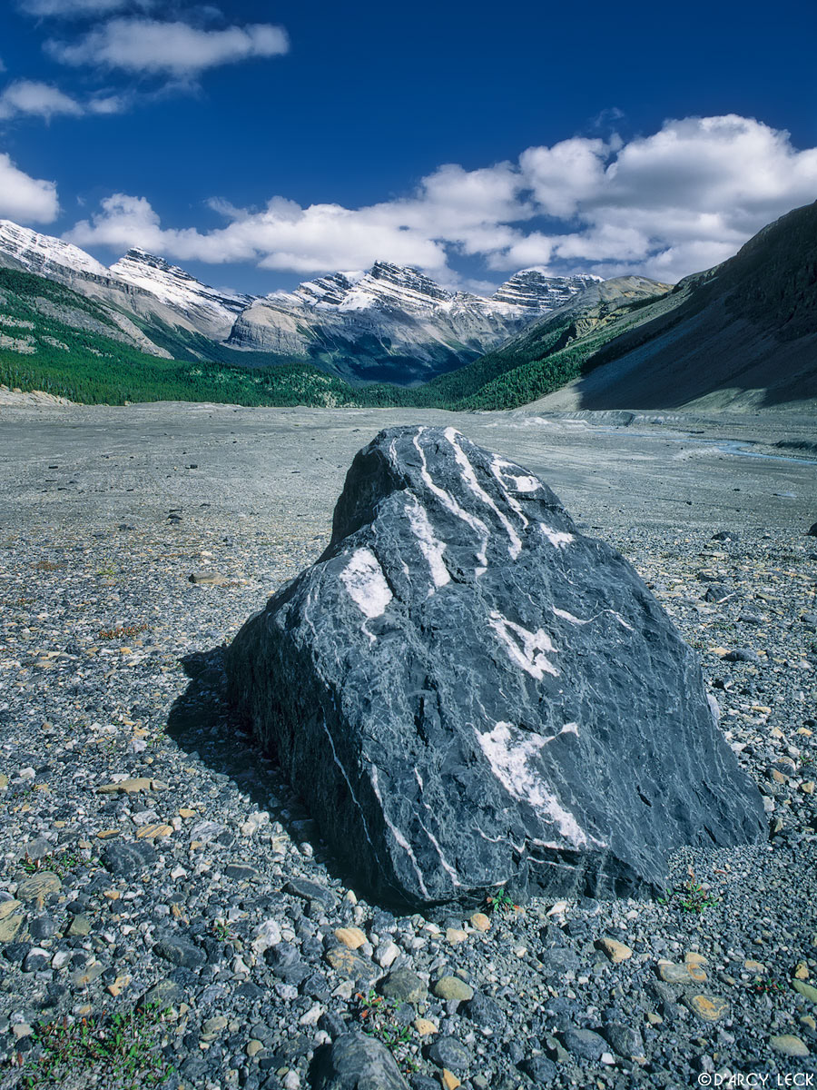 Rock in glacial plain outwash of Saskatchewan Glacier with Mount Cirrus beyond, Banff National Park, Canada