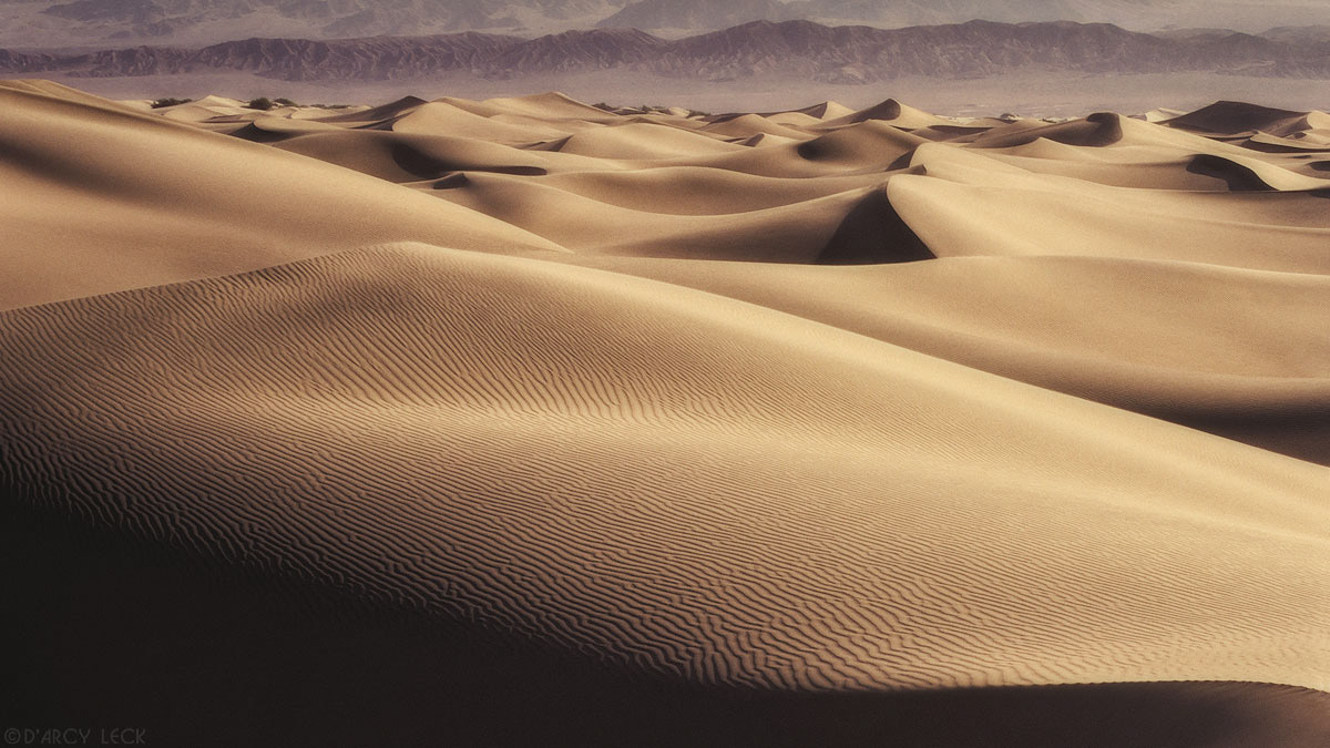 Sand dunes undulate toward distant Funeral Mountains, Death Valley National Park, California