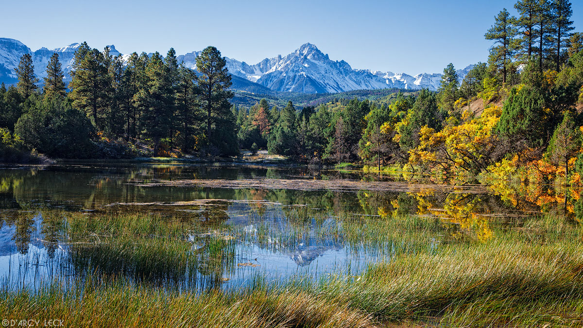 Snow-capped Mount Sneffels reflects in marshy pond in early Autumn morning, Colorado