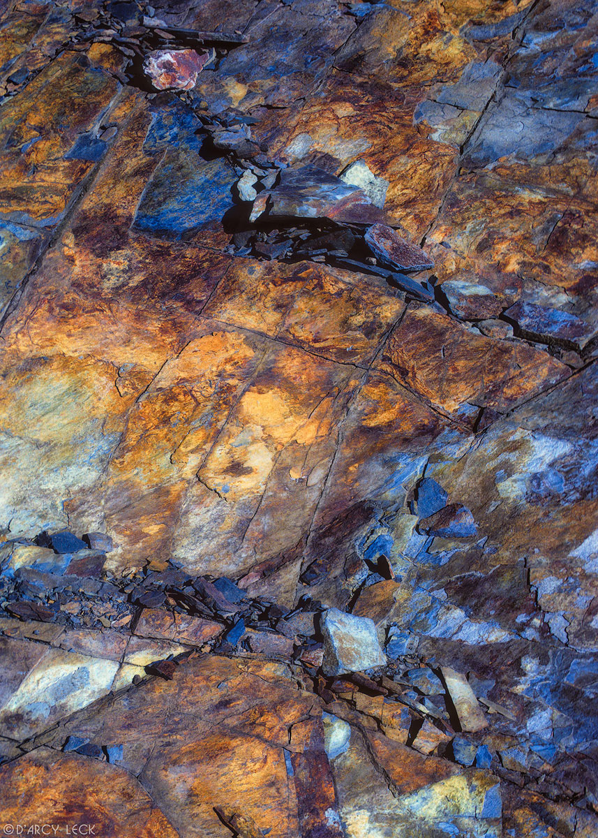 Scaling blue-gray and rust colored shale rock, Great Smokey Mountains National Park
