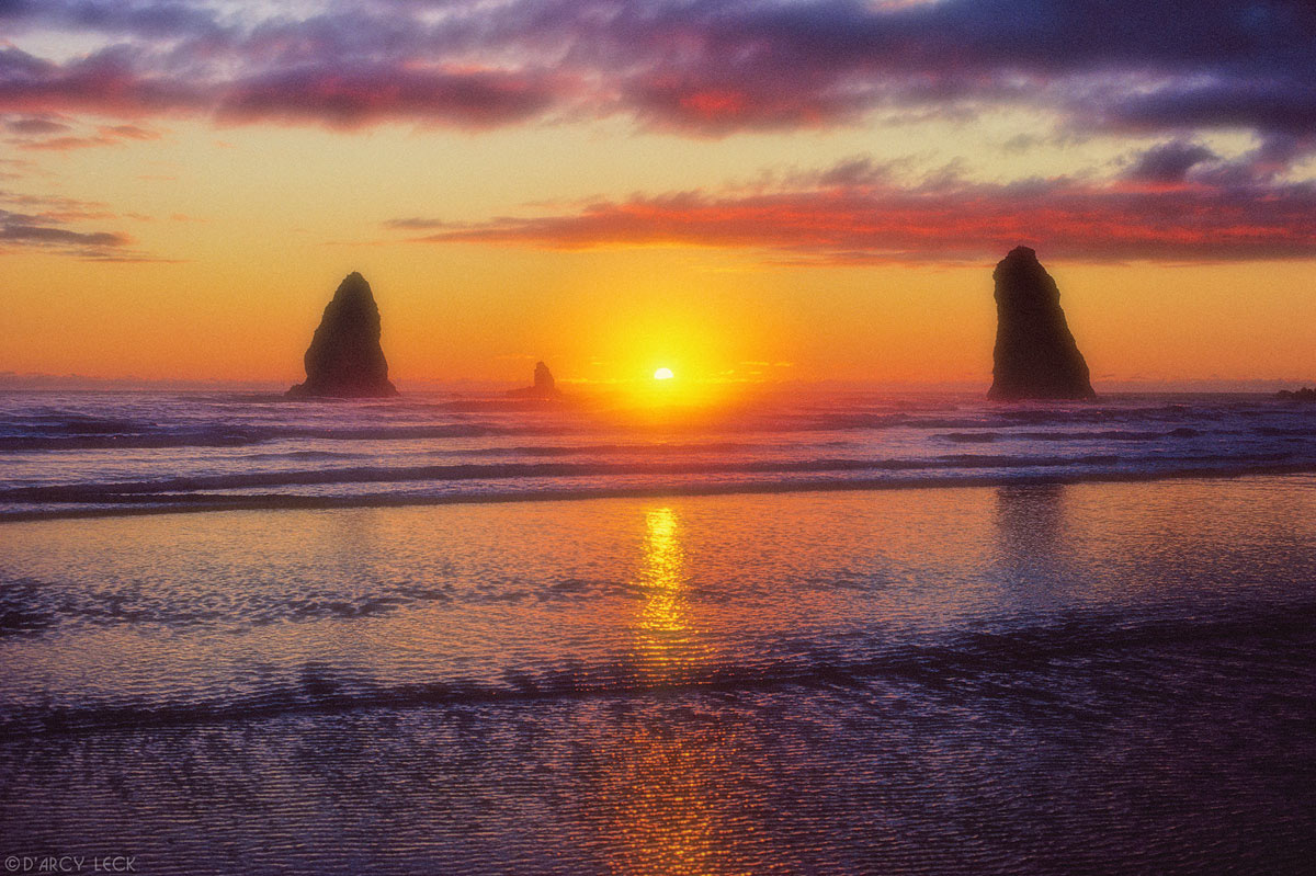 Surf rolls up beach past silhouetted sea stacks at sunset on Canon Beach, Washington
