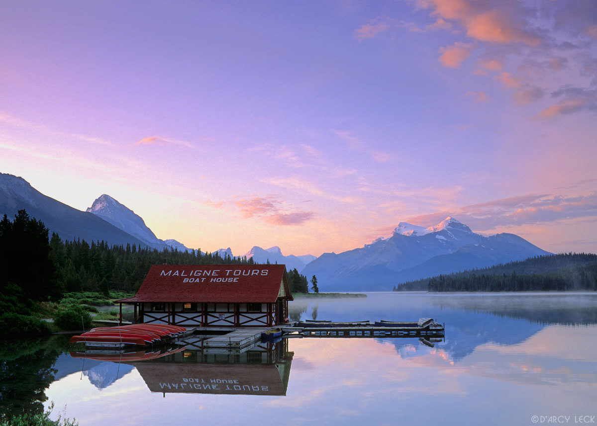 Maligne Lake boathouse and Maligne Lake at dawn, Jasper National Park, Alberta, Canada