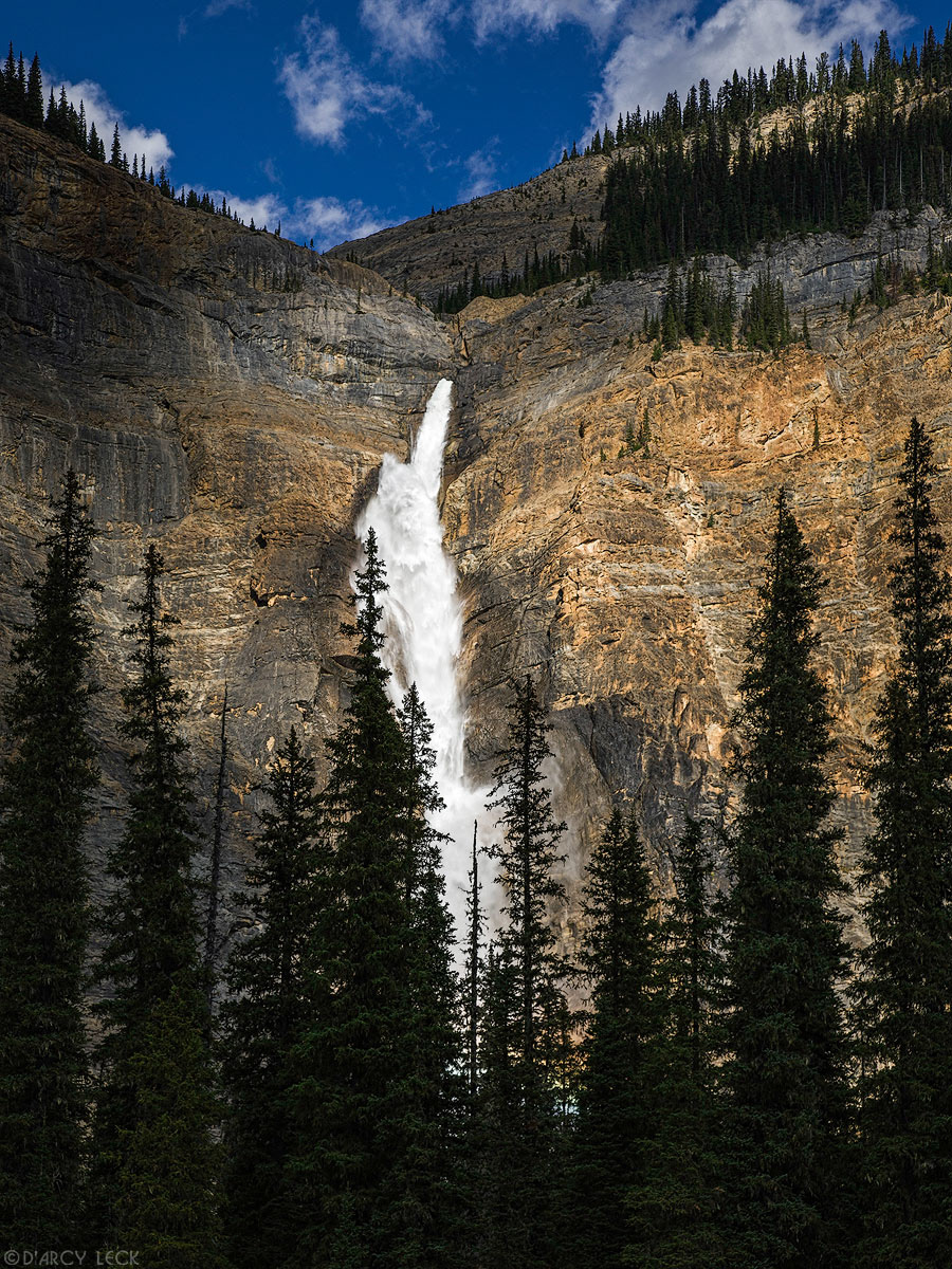 Takakkaw Falls plunges down mountain side to Yoho River Valley in Yoho National Park, British Columbia, Canada