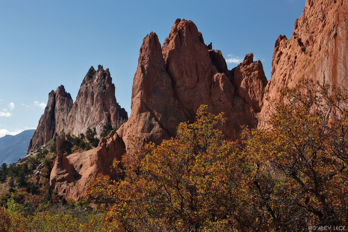 South Gateway Rock and Cathedral Rock formations stand above autumn colored vegetation in Garden of The Gods Park, Colorado