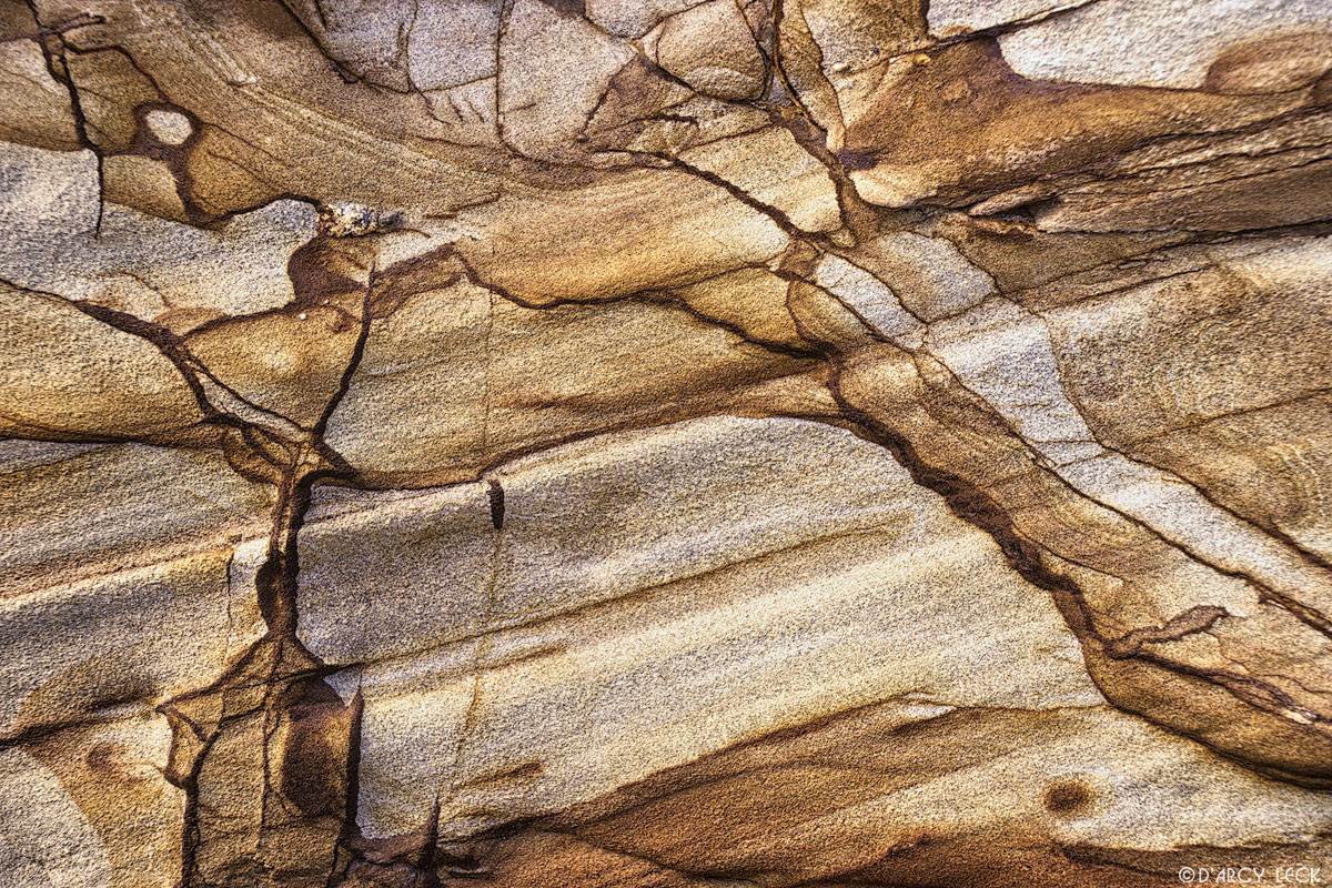 Striations and cracks in tan and gray sandstone, Point Reyes National Seashore, California