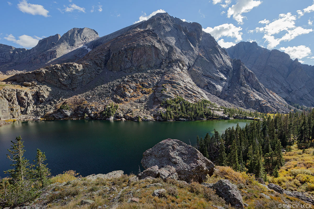 Willow Lake sits below Challenger Point (center) and Kit Carson Peak (left) in the Sangre de Cristo Mountains, Colorado