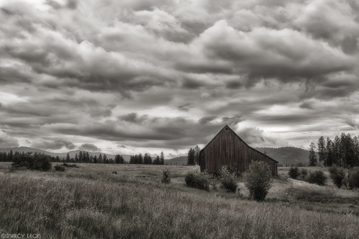 Old barn in field under summer storm clouds, central Washington