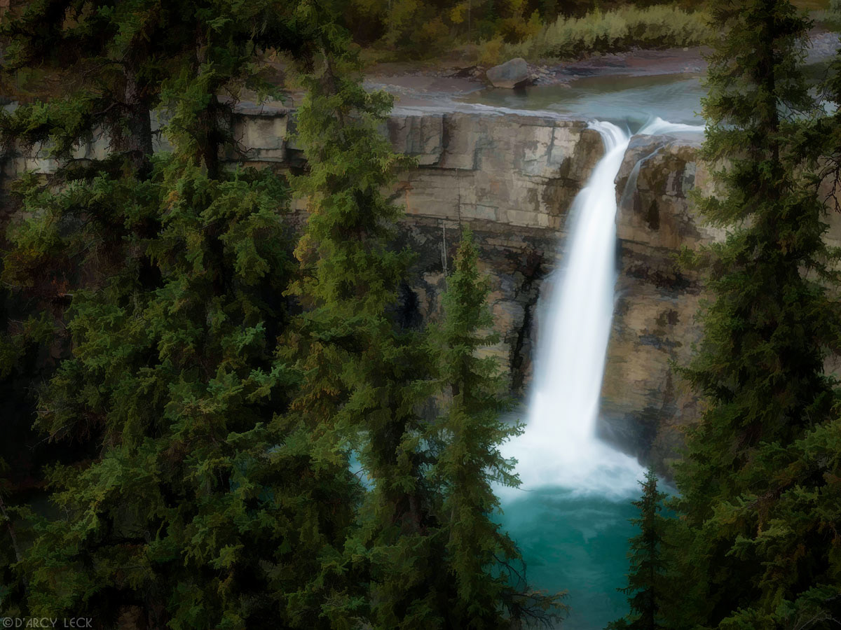 Upper Falls of Crescent Falls of the Bighorn River plunges into Bighorn Canyon, Alberta, Canada