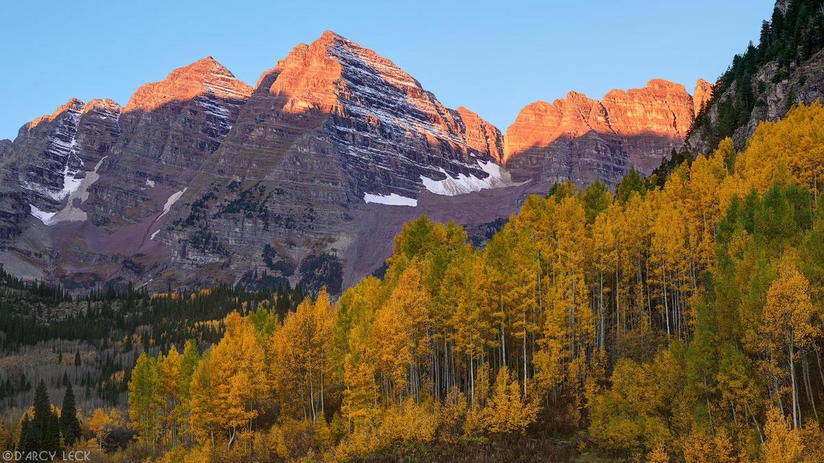 Morning sunlight illuminates the peaks of the Maroon Bells with aspen trees in autumn colors in the foreground, Colorado