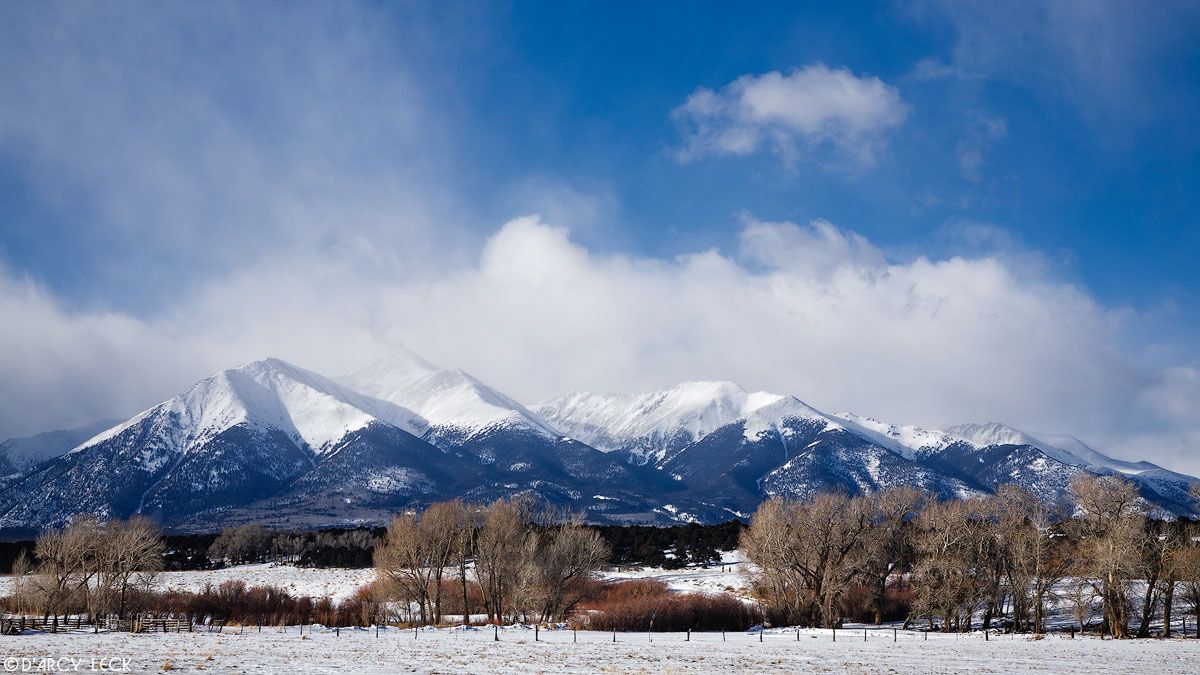 Winter storm clouds clear from the Sawatch Range Mountains beyond bare cottonwood trees near Salida, Colorado