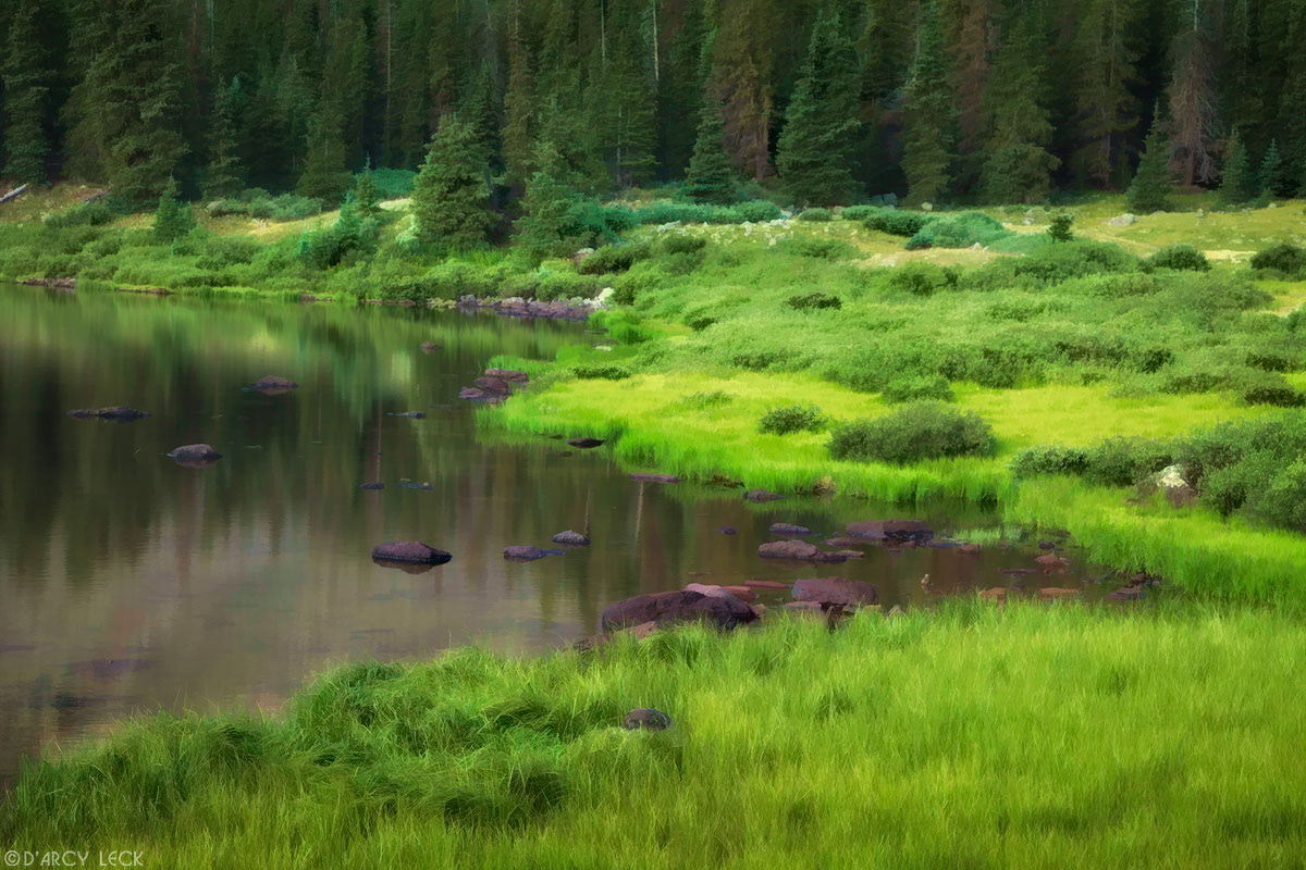Shore of lower Powderhorn Lake in summer, Colorado