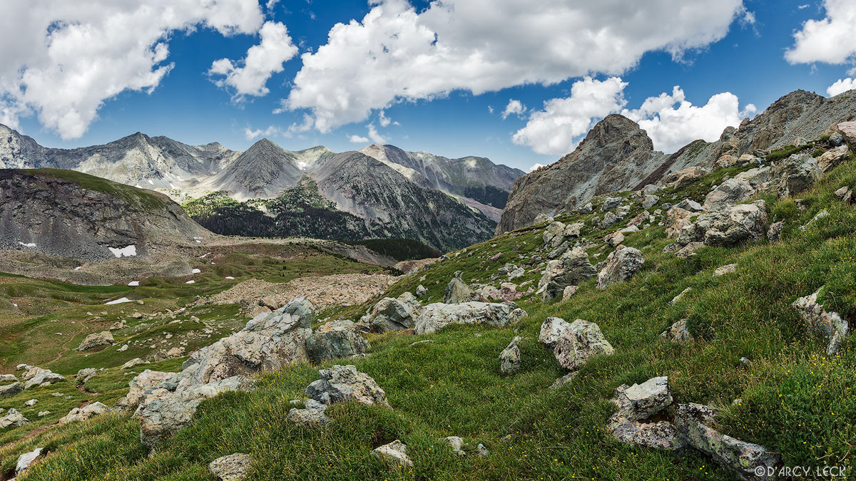 Rocky alpine meadow below Mount Lindsey with California Peak in distance, Colorado