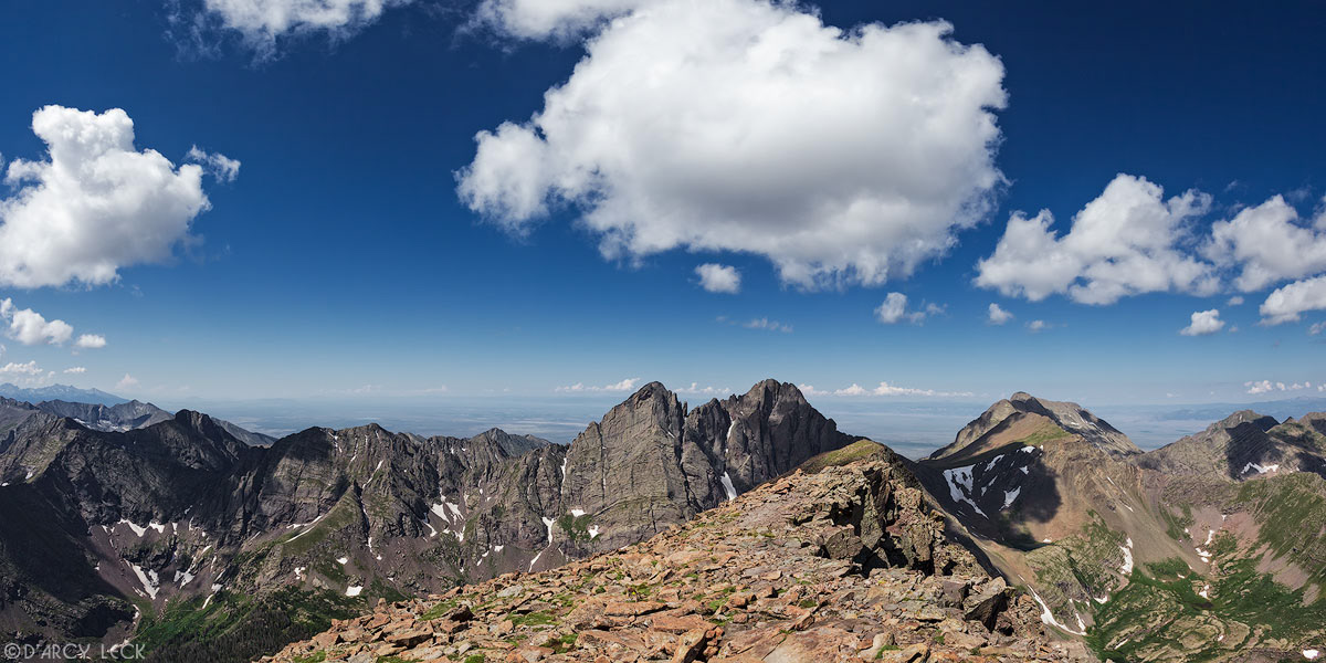 View from summit of Humboldt Peak looking West towards Crestone Needle and Crestone Peak with Kit Carson Mountain on the right in the Sangre de Cristo Mountains, Colorado