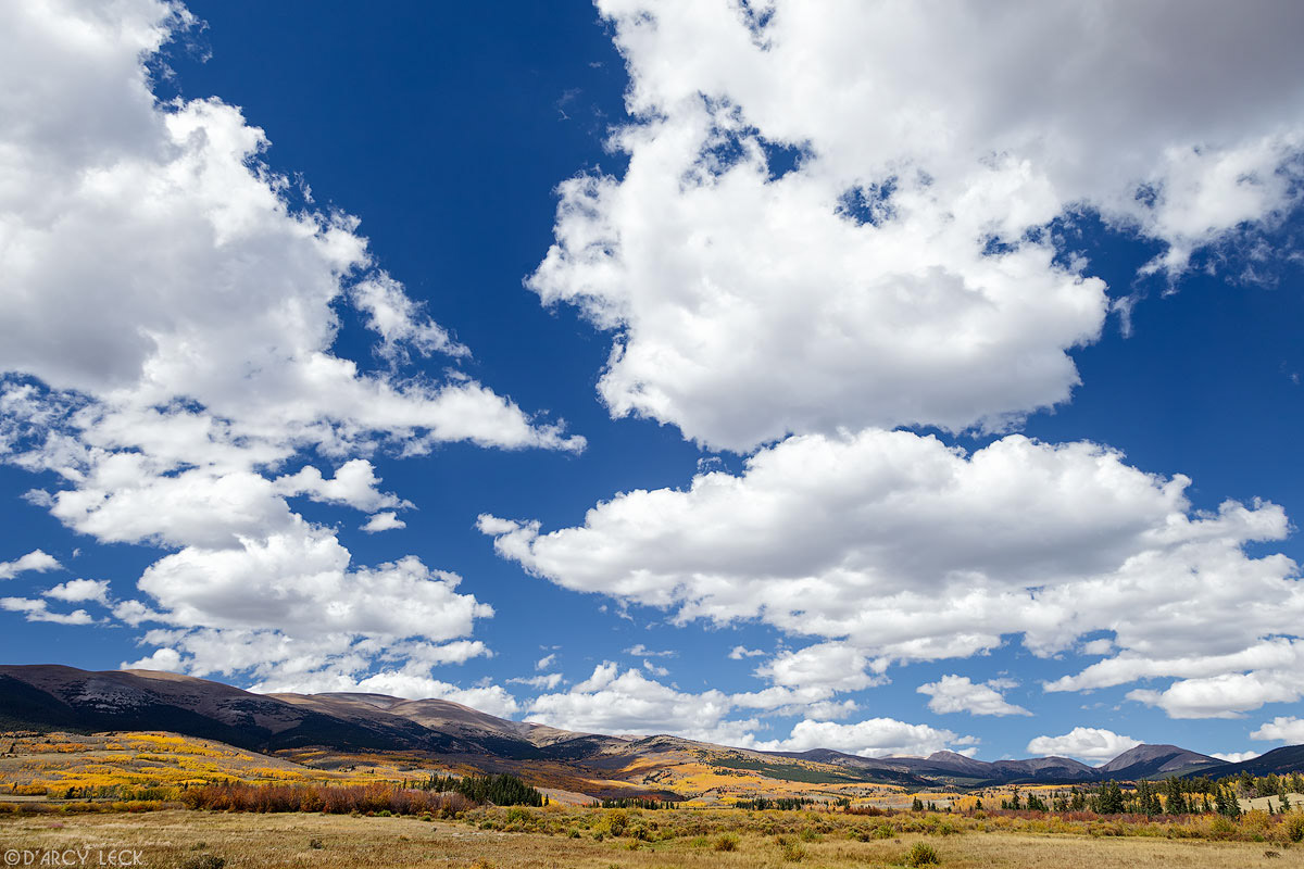Cumulus clouds fill a blue autumn sky over the Mosquito Range mountains with fields and forest showing peak autumn colors, Colorado