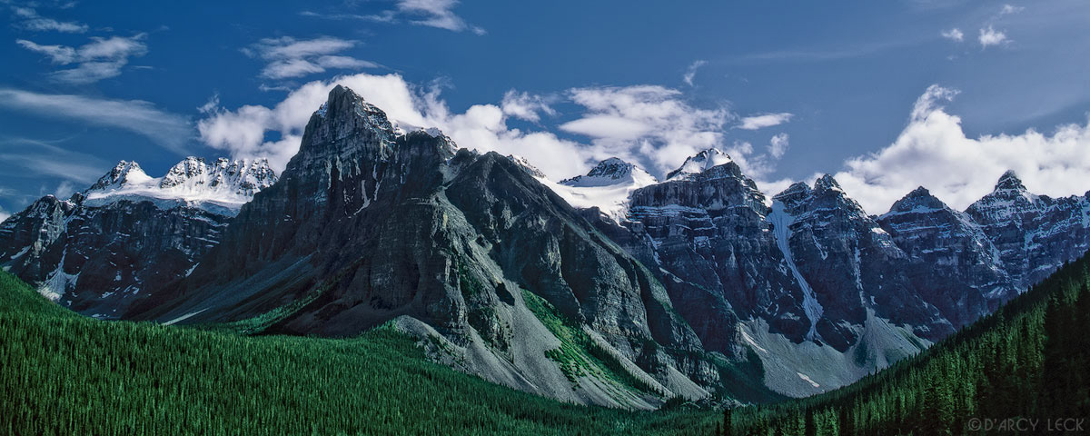 Mountain peaks of the Bow Range rise above the Valley of the Ten Peaks, Banff National Park, Canada