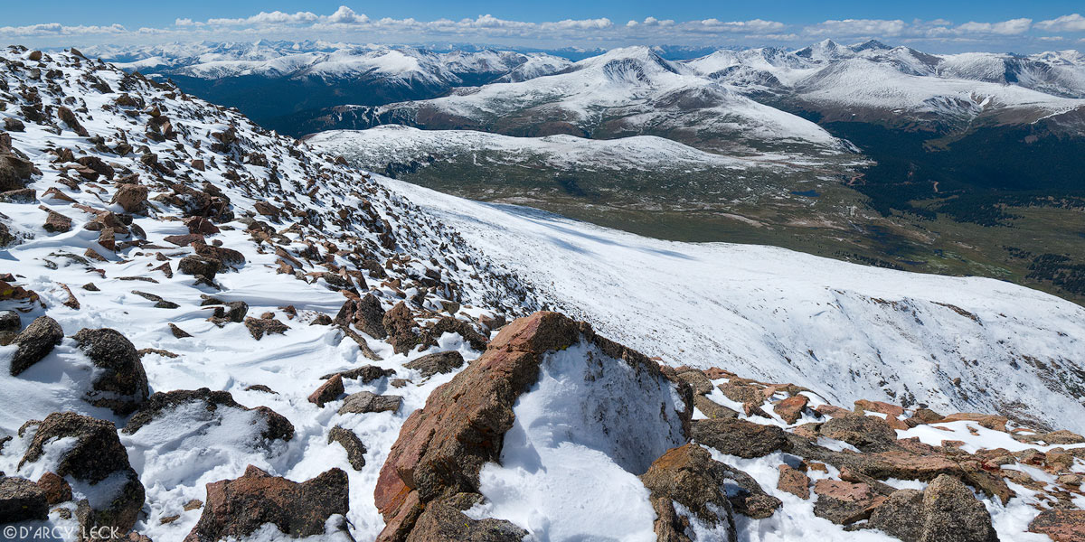 Snow covered Ten Mile Range and Front Range Mountains - Square Top Mountain, Argentine Peak, Gray's Peak and Guanella Pass - as seen from summit of Mount Bierstadt looking south, Colorado